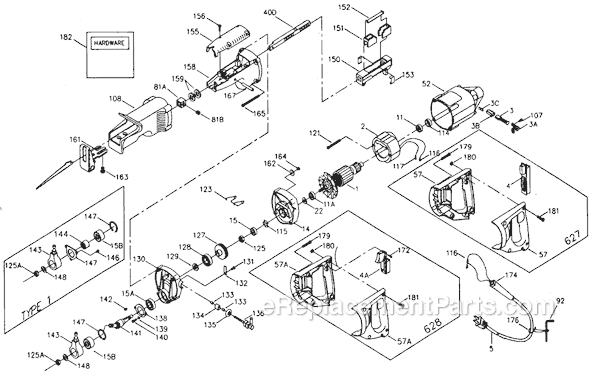 Page A Diagram and Parts List for Type 7 Porter Cable Reciprocating Saw